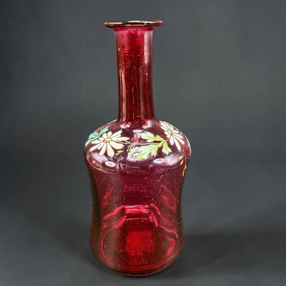 Antique Cranberry Glass Bud Vase Hand Painted Enamel Daisy Ruby Red 6.5inch
